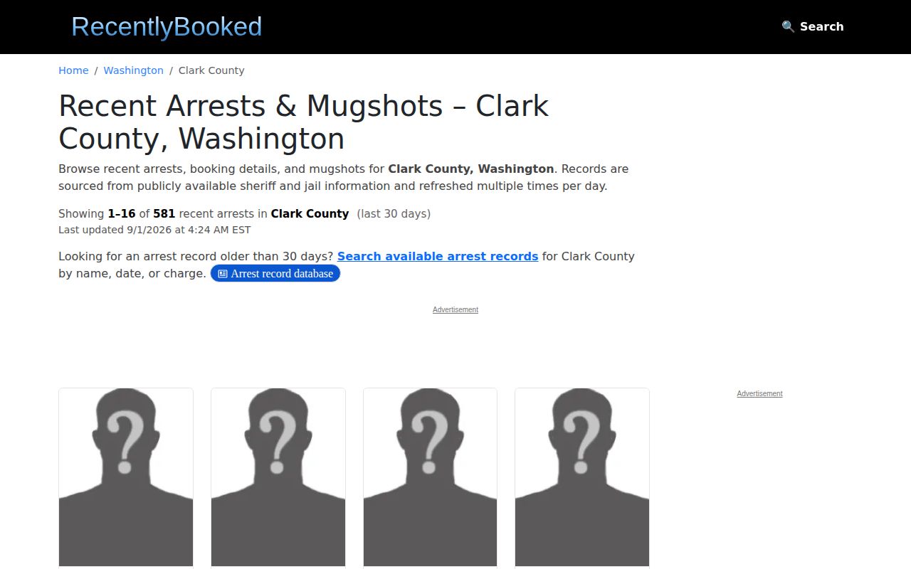 Unofficial Clark County mugshot publisher page with stale-record caution
