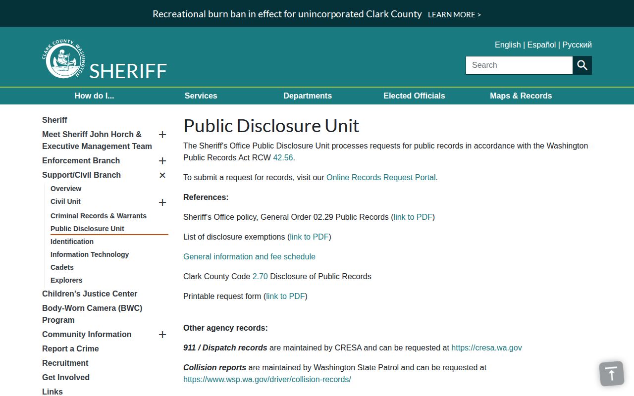 Clark County public disclosure records request page for booking records