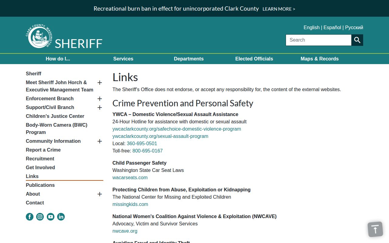 Clark County Sheriff official links page for wanted person information